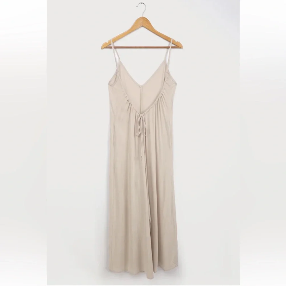 NWT Heatwave Beige Wide-Leg Swim Cover-Up Jumpsuit Size L open back v neck - Picture 10 of 14